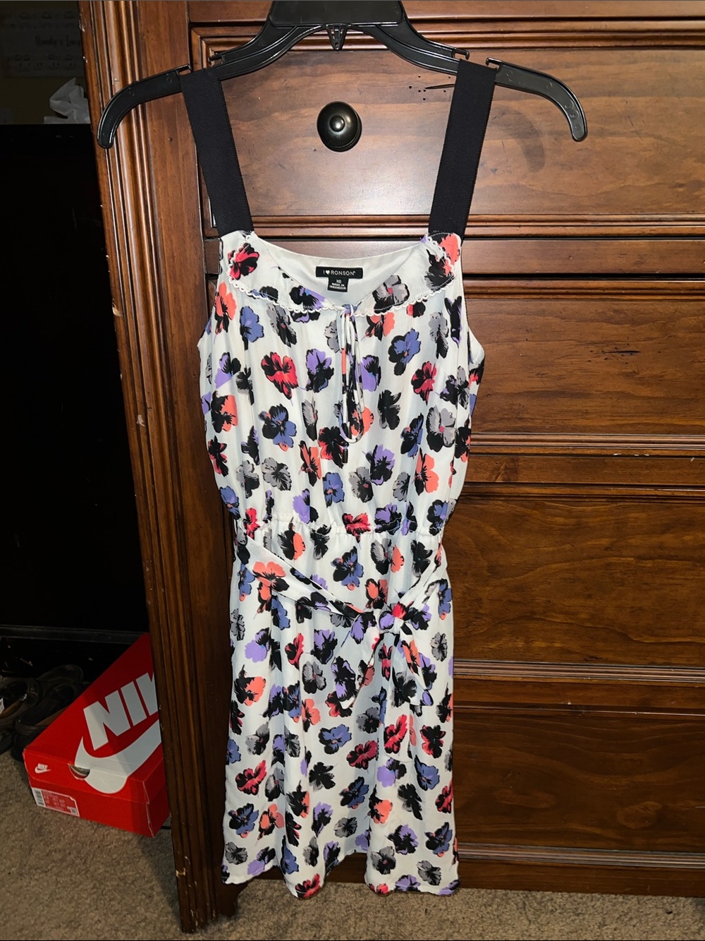 Democracy White Floral Tie-Waist Mini Dress with Black Straps